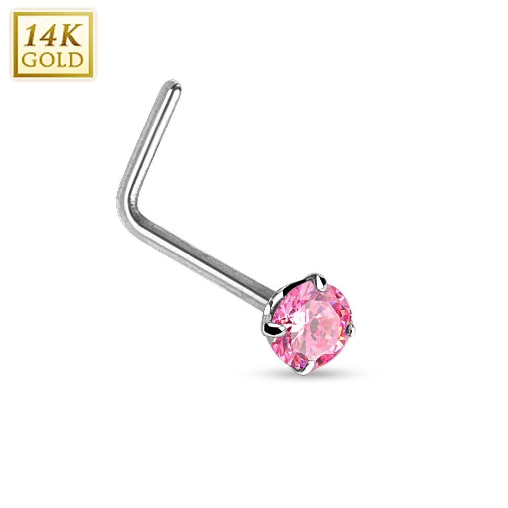 Levně Zlatý piercing do nosu růžový zirkon, Au 585/1000 - ZL01027P-WG