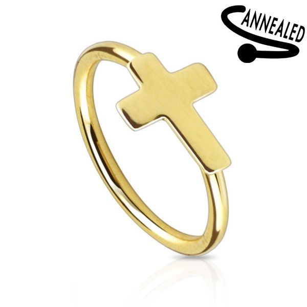 Levně Piercing do nosu/ucha kruh s křížkem - N0023-GD