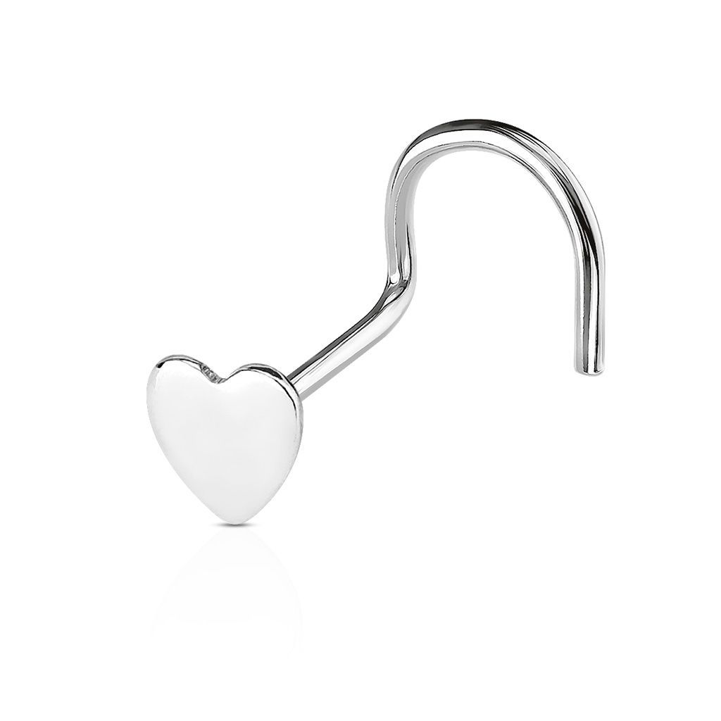Zahnutý stříbrný piercing do nosu - srdíčko - N01072