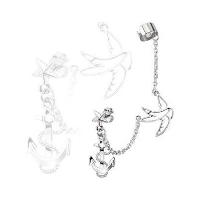 Ocelová náušnice s klipem - vlaštovka a kotva