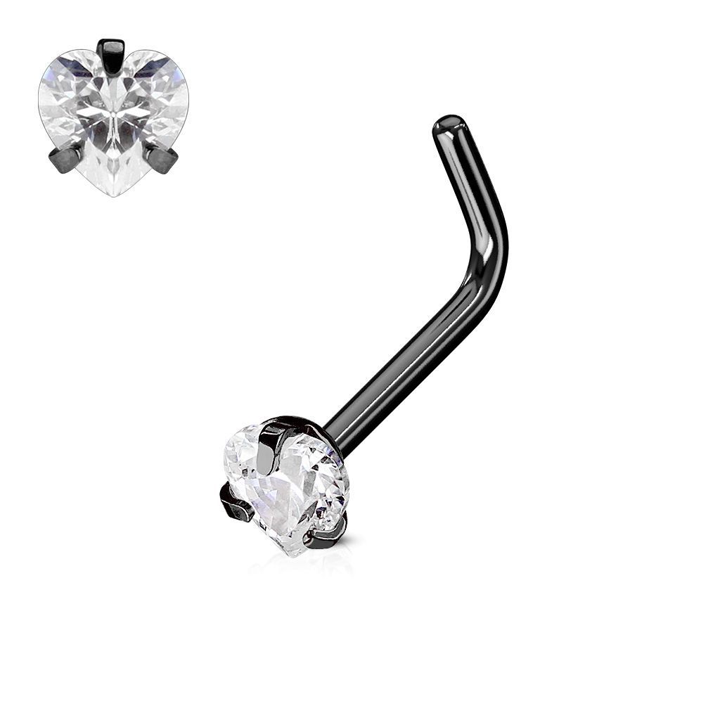 Levně Černý piercing do nosu srdíčko, čirý kamínek