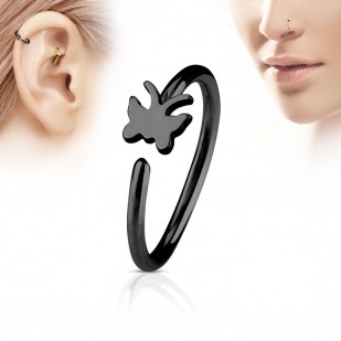 Černý piercing do nosu/ucha kruh s motýlkem