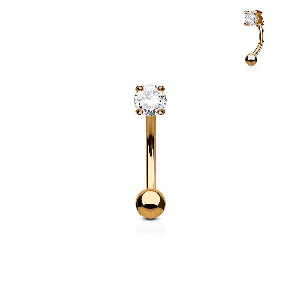 Levně Zlacený piercing do obočí - zirkon, čirá barva