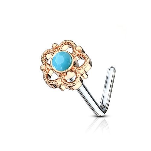 S4U Zlacený zahnutý piercing do nosu - tyrkysový kamínek - N0100-RD