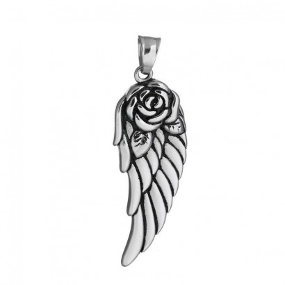 Přívěsek ocel - andělské křídlo s růží