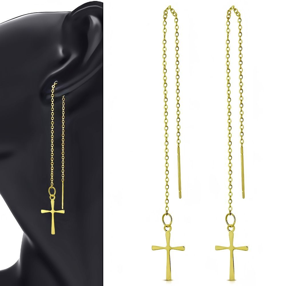 S4U Provlékací zlacené ocelové náušnice s křížky - OPN1526-GD