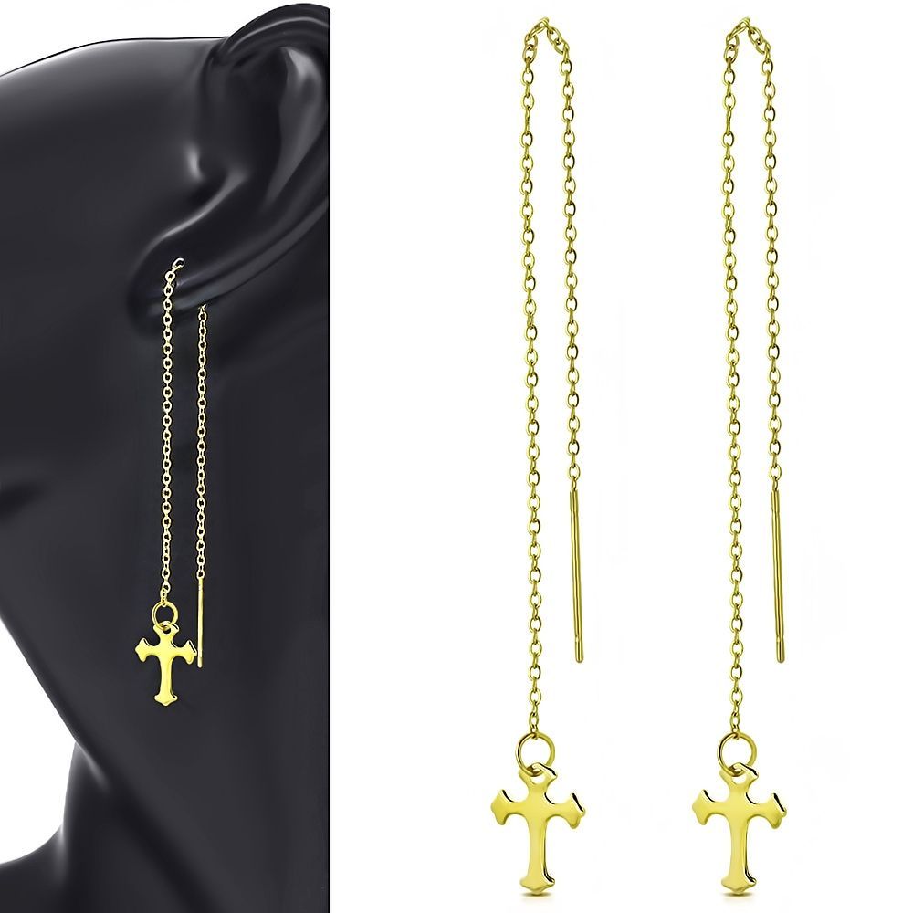 S4U Provlékací zlacené ocelové náušnice s křížky - OPN1420-GD