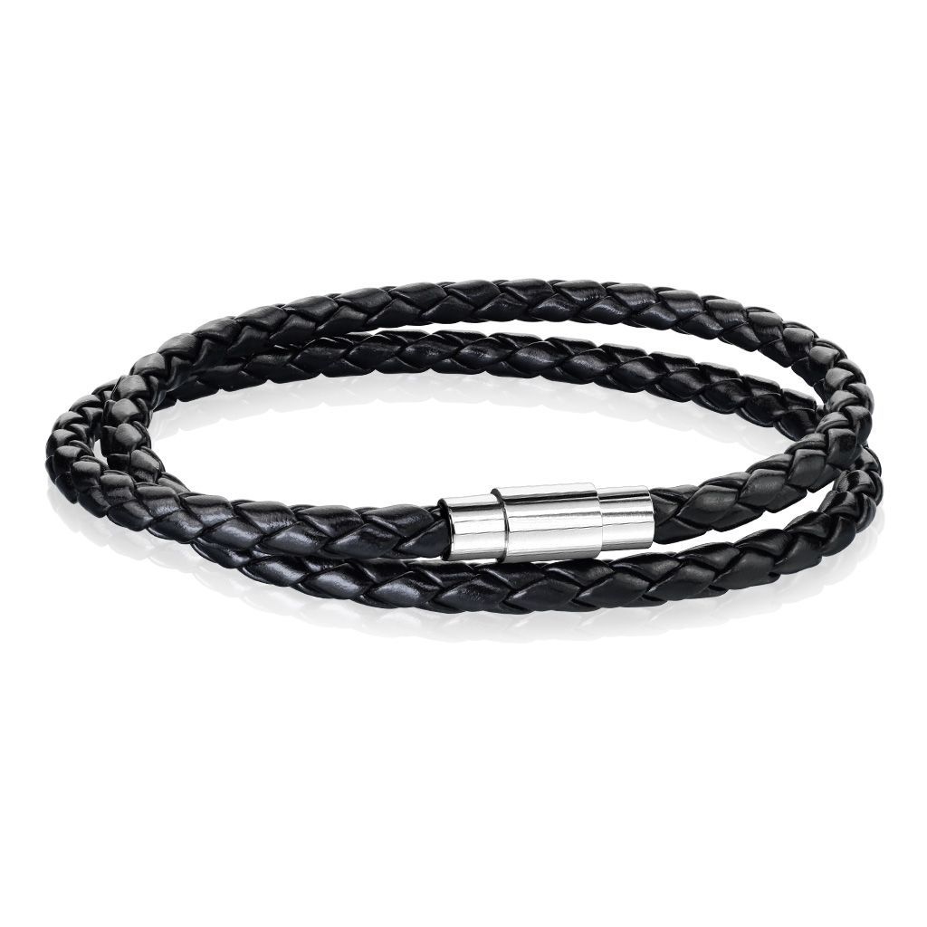Levně Dojitý kožený náramek proplétaný černý, délka 20,5 cm - NR1204-20