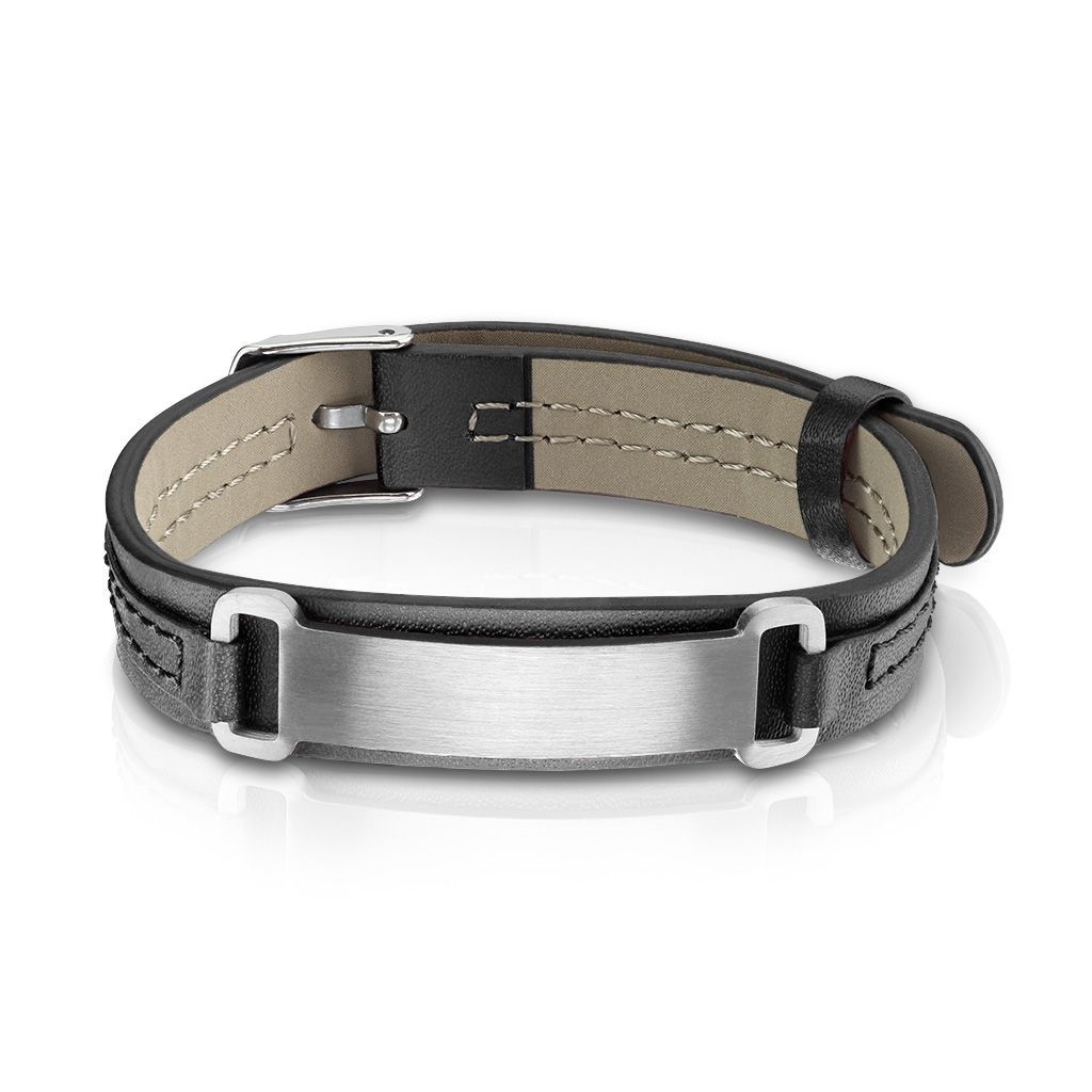Černý kožený náramek s ocelovou destičkou - NR1211-K