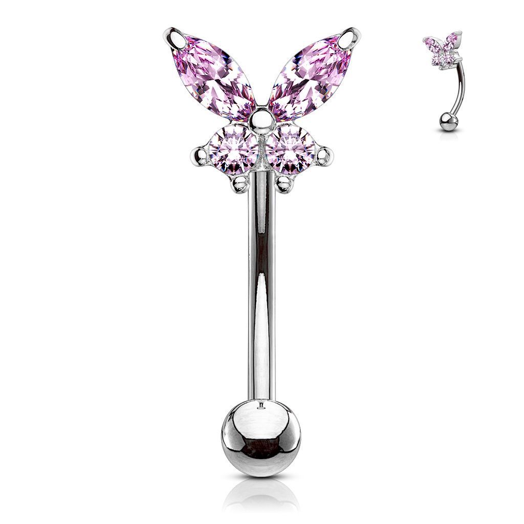 Piercing do obočí motýlek, růžové zirkony - OB0004-P
