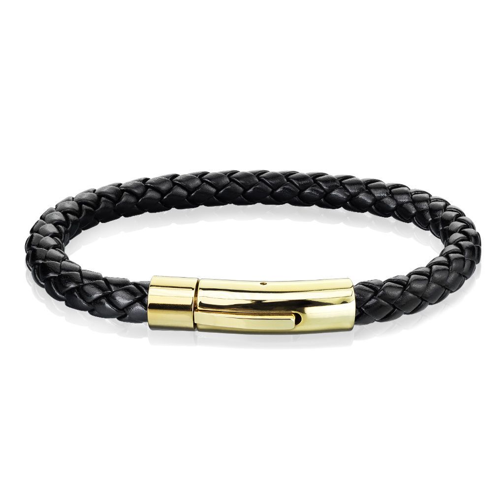 Levně Kožený náramek proplétaný černý gold, délka 20,5 cm