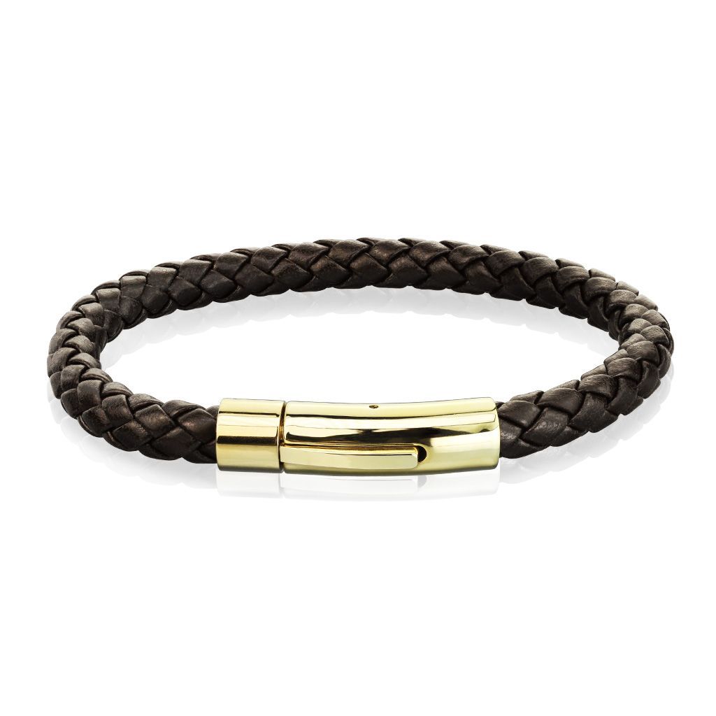 Levně Kožený náramek proplétaný hnědý gold, délka 20,5 cm