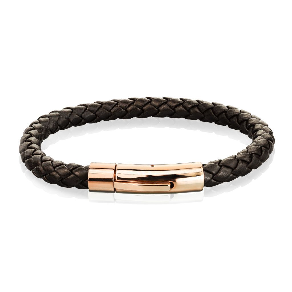 Levně Kožený náramek proplétaný hnědý rose gold, délka 20,5 cm