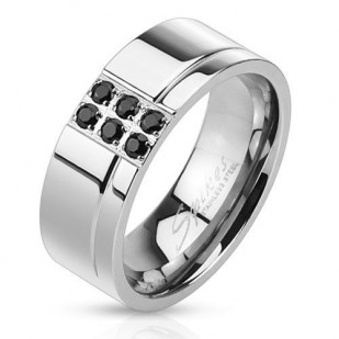 Pánský ocelový prsten s černými zirkony