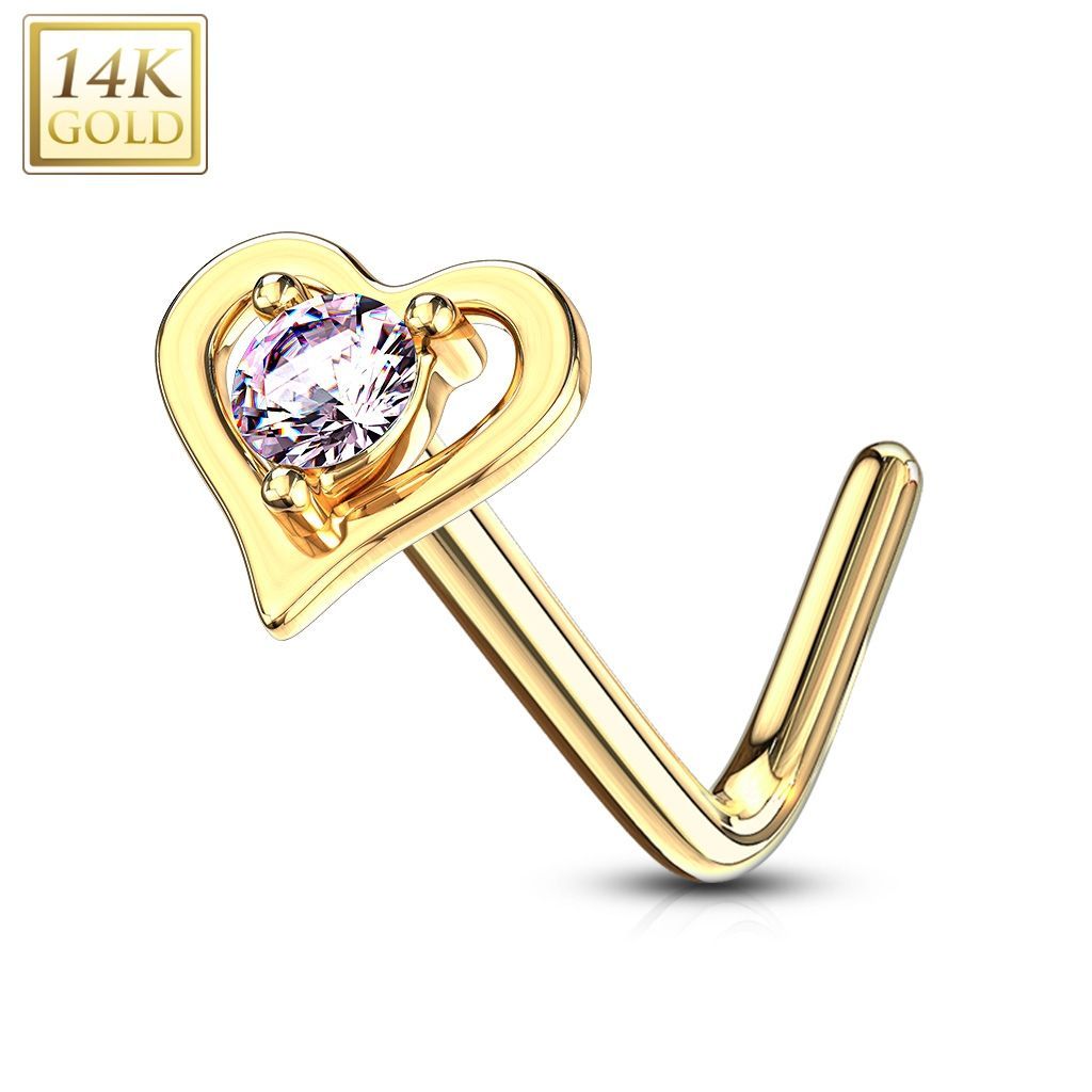 Levně Zlatý piercing do nosu srdíčko - růžový zirkon, Au 585/1000 - ZL01193P-YG