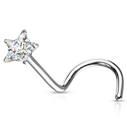 Zahnutý piercing do nosu hvězdička (čirá)