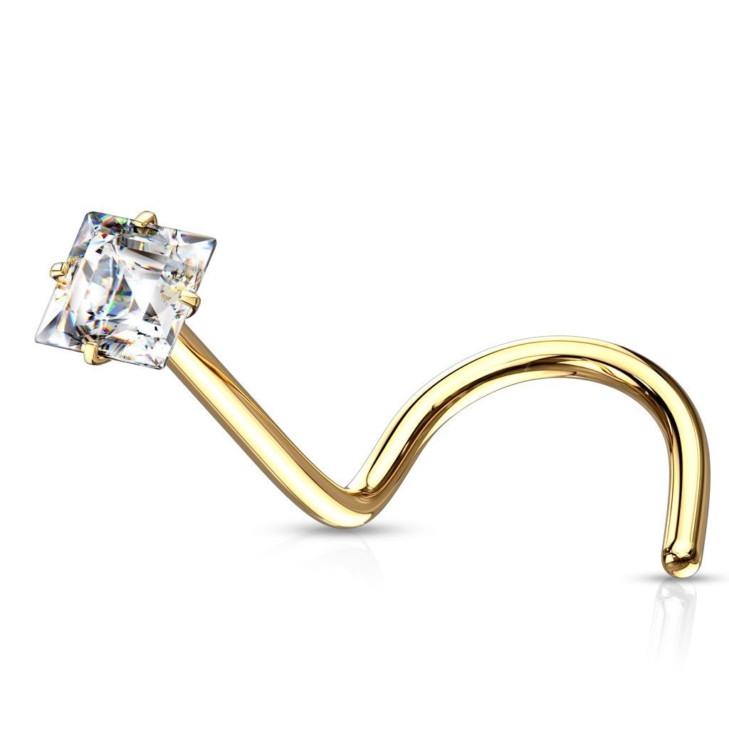 Levně Zlacený zahnutý piercing do nosu čtvereček - čirý zirkon (žluté zlato) - N0137GDC