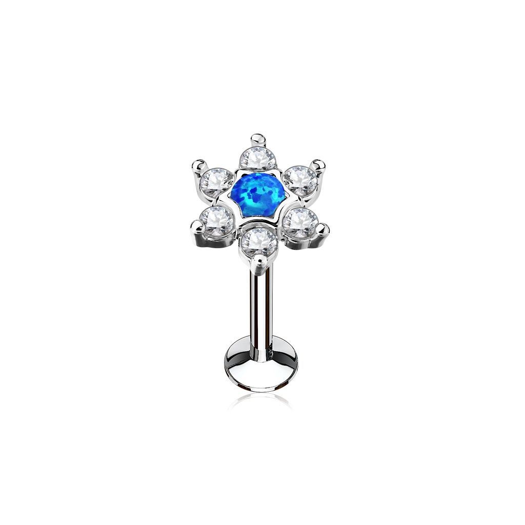 Levně Piercing do brady kytička 1,2 x 8 mm, modrý opál