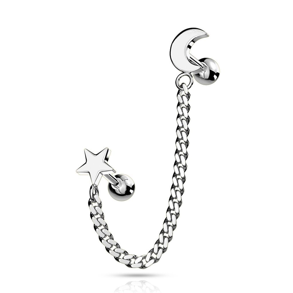 Levně Cartilage piercing do ucha s řetízkem, měsíc+hvězda - CP1066-ST