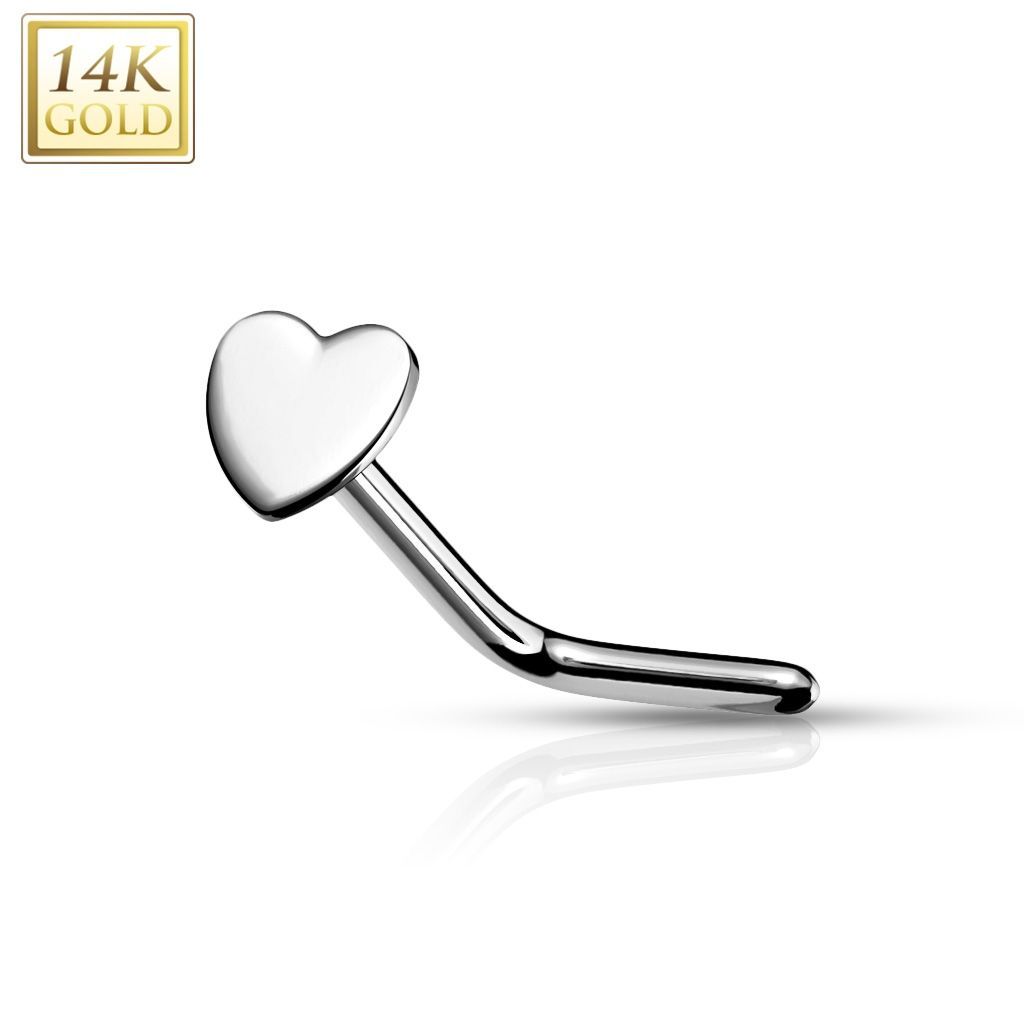 Zahnutý zlatý piercing do nosu - srdíčko, Au 585/1000 - ZL01220-WG