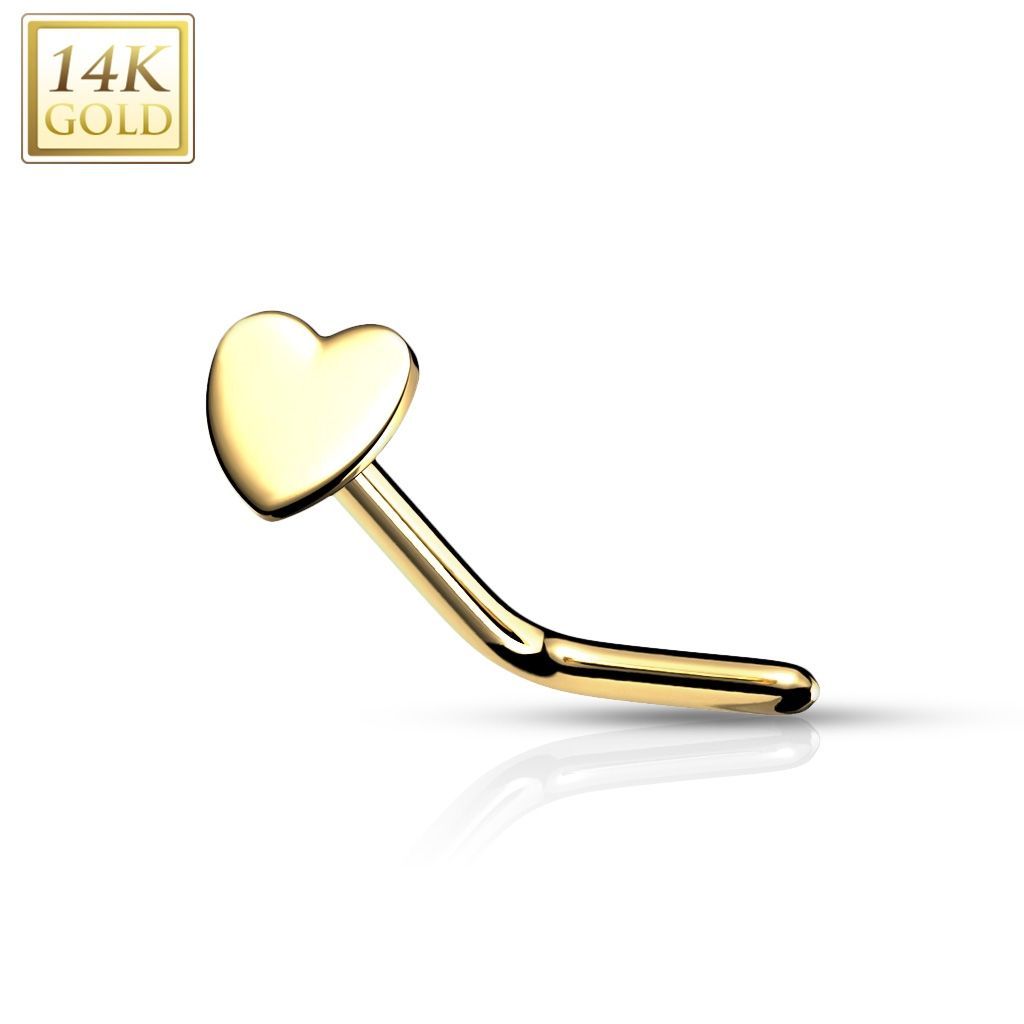 Zahnutý zlatý piercing do nosu - srdíčko, Au 585/1000 - ZL01220-YG