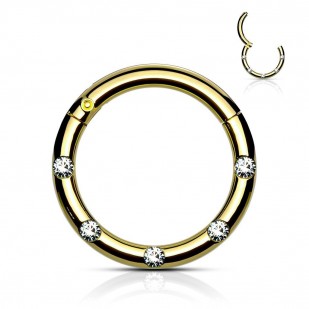 Zlacený piercing kruh segment, čiré kameny, 1,2 x 8 mm