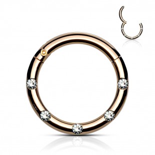 Zlacený piercing kruh segment, čiré kameny, 1,2 x 8 mm