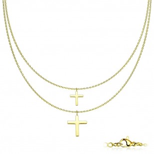 Dvojitý zlacený ocelový náhrdelník s křížky
