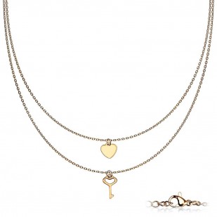 Dvojitý zlacený ocelový náhrdelník s klíčkem a srdíčkem