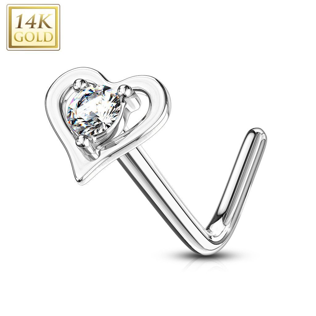 Levně Zlatý piercing do nosu srdíčko - čirý zirkon, Au 585/1000 - ZL01193C-WG