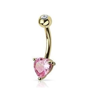 Zlatý piercing do pupíku - srdíčko, růžový zirkon, Au 585/1000