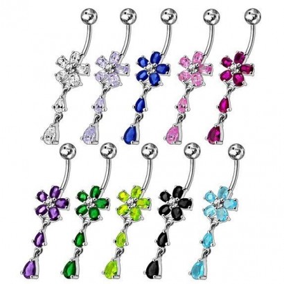 Stříbrný piercing do pupíku - kytička (čirá)