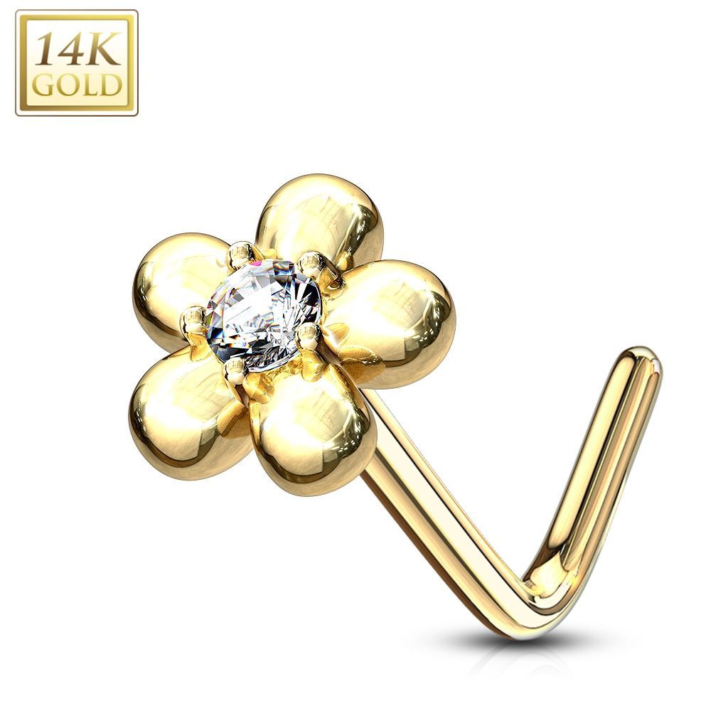 Levně Zlatý piercing do nosu kytička - čirý zirkon, Au 585/1000 - ZL01195C-YG