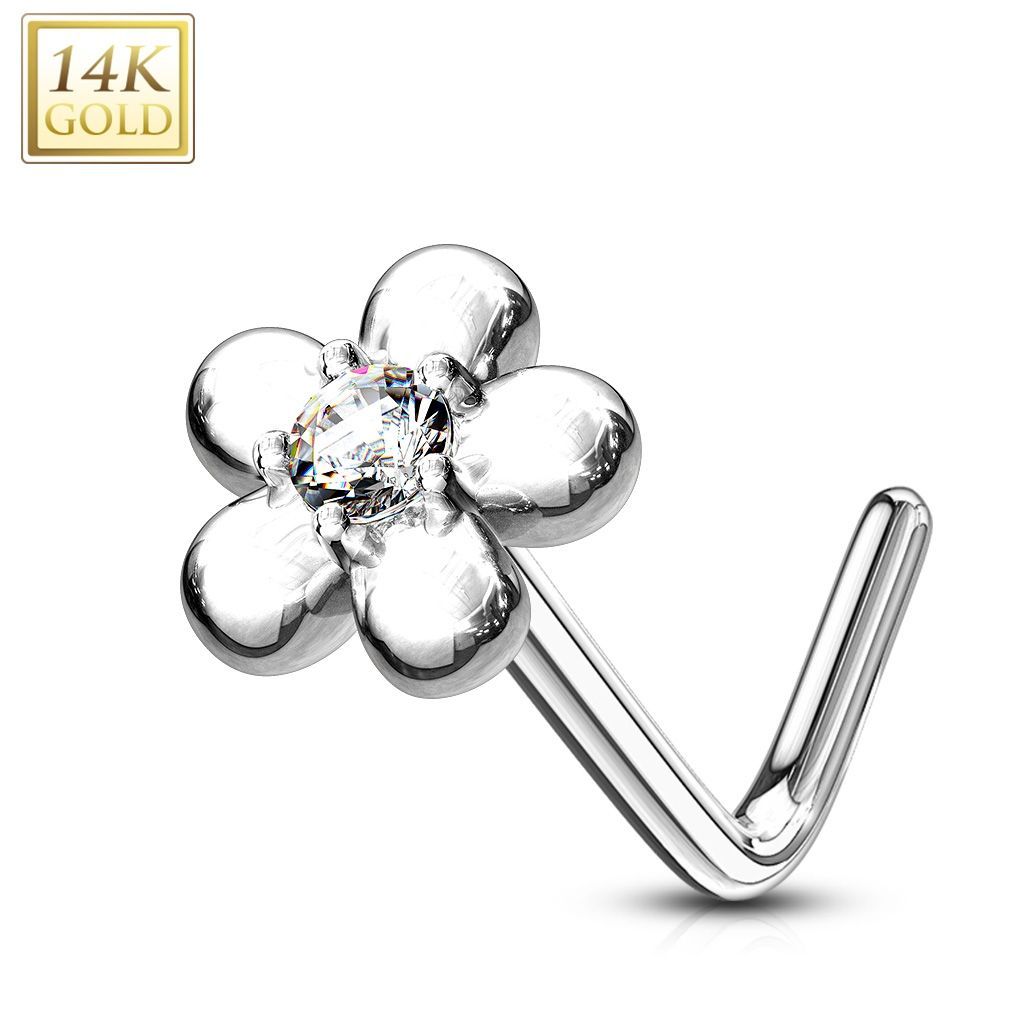 Levně Zlatý piercing do nosu kytička - čirý zirkon, Au 585/1000 - ZL01195C-WG