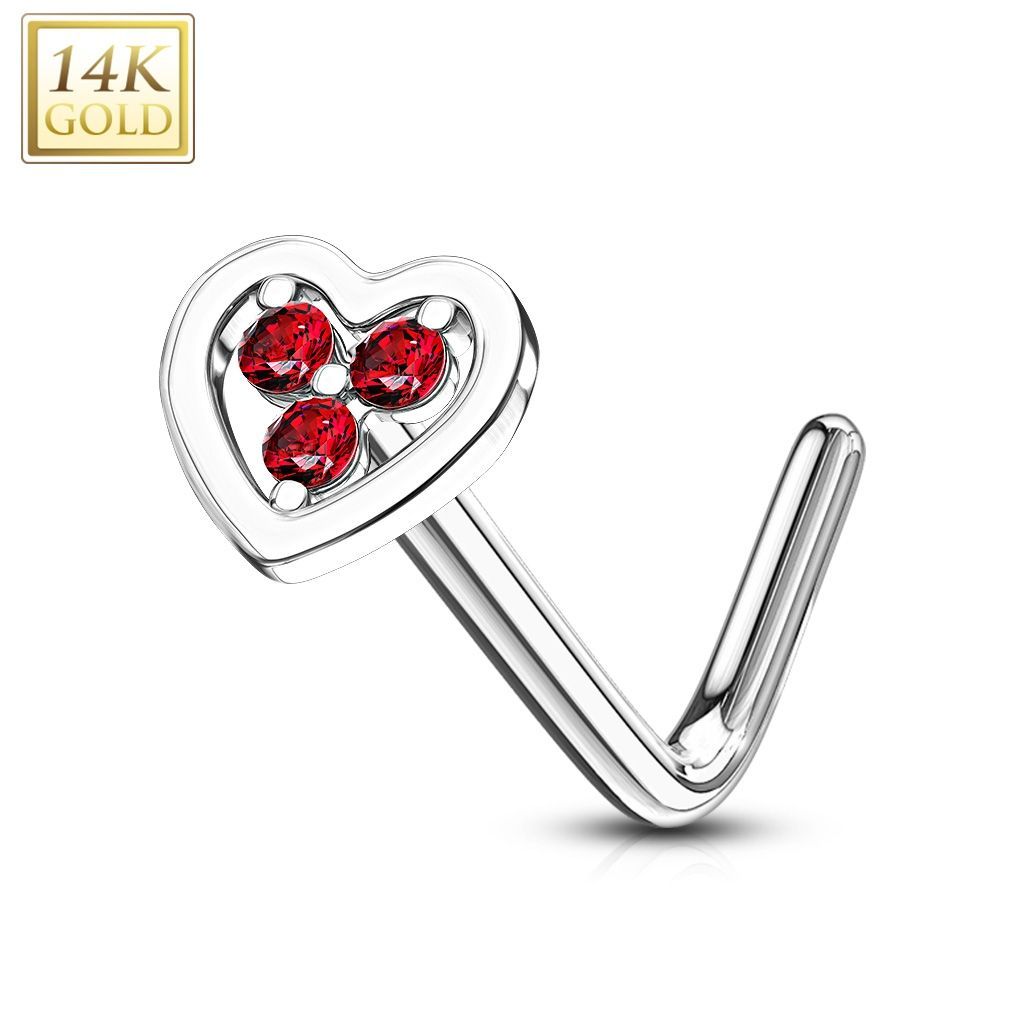 Levně Zlatý piercing do nosu srdíčko - červené zirkony, Au 585/1000 - ZL01194R-WG