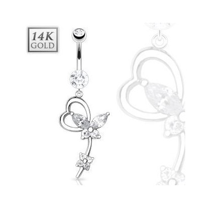 Zlatý piercing do pupíku zdobený motýlkem, Au 585/1000