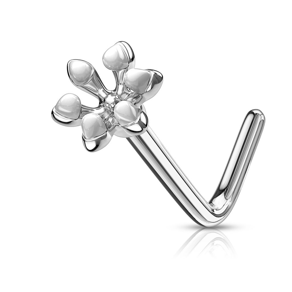 Levně Zahnutý piercing do nosu kytička (bílá)