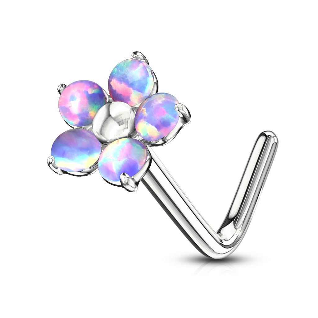 Levně Zahnutý piercing do nosu - kytička s opály (fialová)