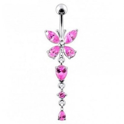 Stříbrný piercing do pupíku - motýlek (růžová)
