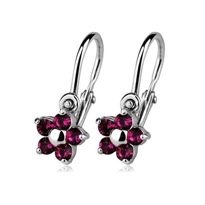 Dětské náušnice stříbrné - kytičky, Crystals from SWAROVSKI®, barva: Fuchsia
