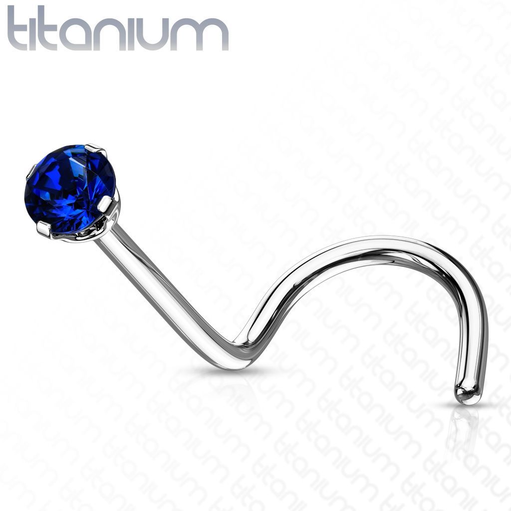Levně Zahnutý piercing do nosu - titan, kamínek 2 mm (modrá) - TIT1063B-020