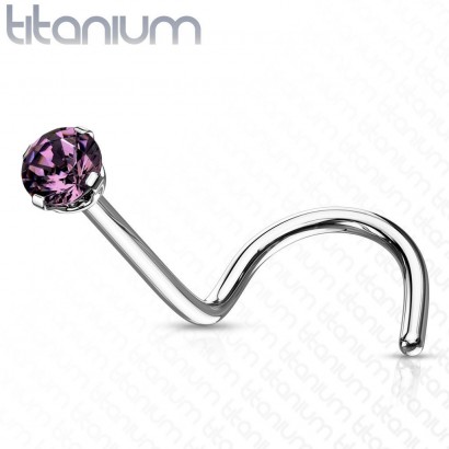 Zahnutý piercing do nosu - titan, kamínek 2 mm (fialová)