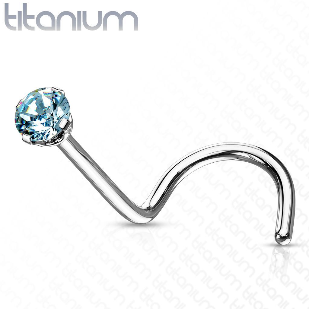 Zahnutý piercing do nosu - titan, kamínek 2 mm (tyrkysová) - TIT1063Q-020