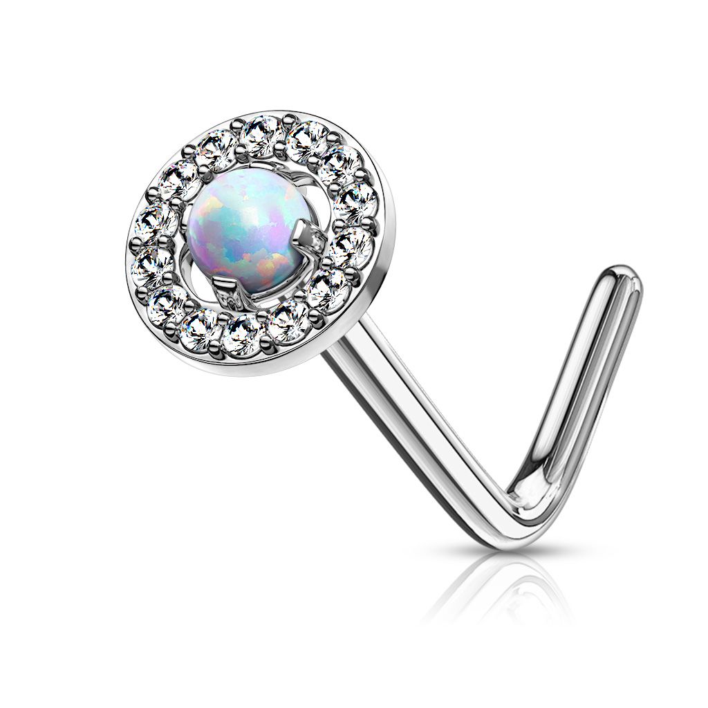 Levně Zahnutý piercing do nosu - bílý opál