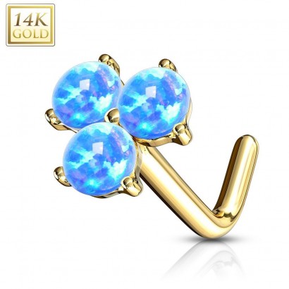 Zlatý piercing do nosu s modrými opály, Au 585/1000