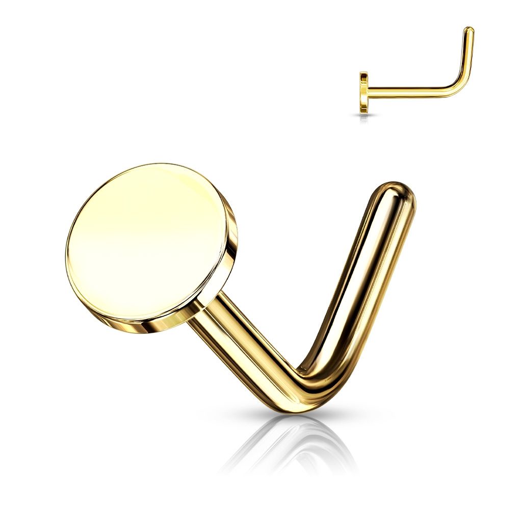 Zahnutý piercing do nosu placka (žluté zlato) - N0149-GD