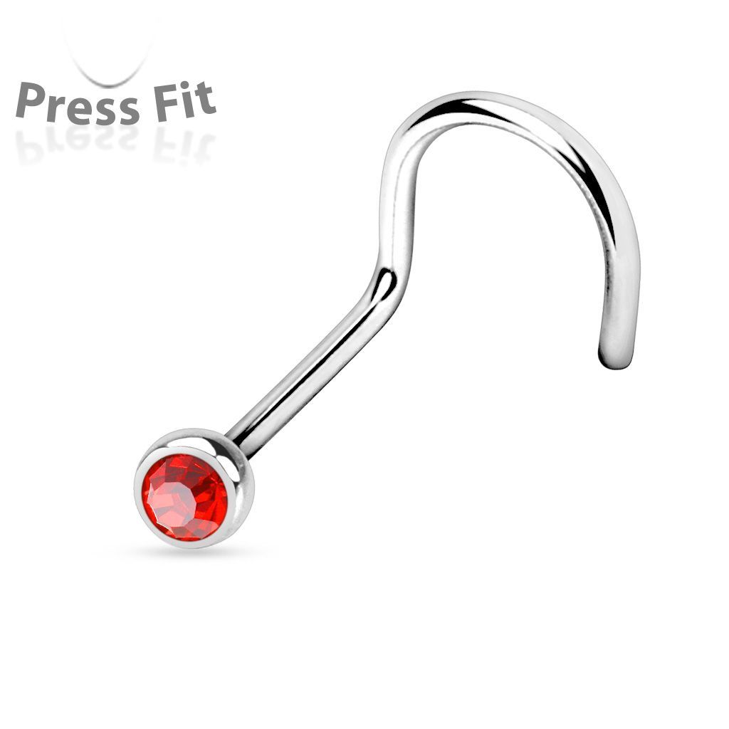 Levně Zahnutý piercing do nosu, zirkon 2mm (červená)