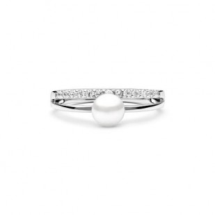 Stříbrný prsten s bílou perlou a zirkony, vel. 50
