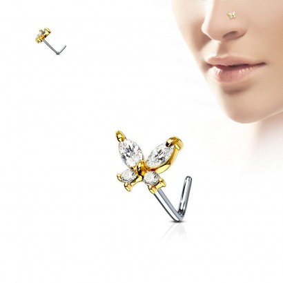Zahnutý piercing do nosu - motýlek (žluté zlato)