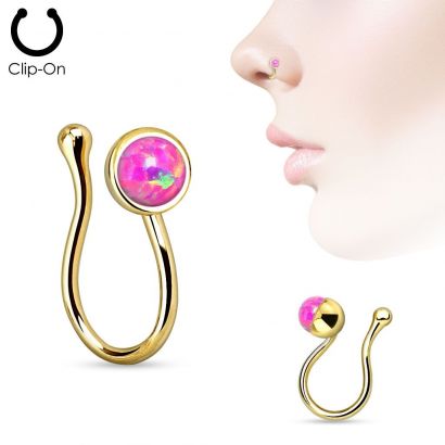 Zlacený falešný piercing do nosu - klips opál růžový